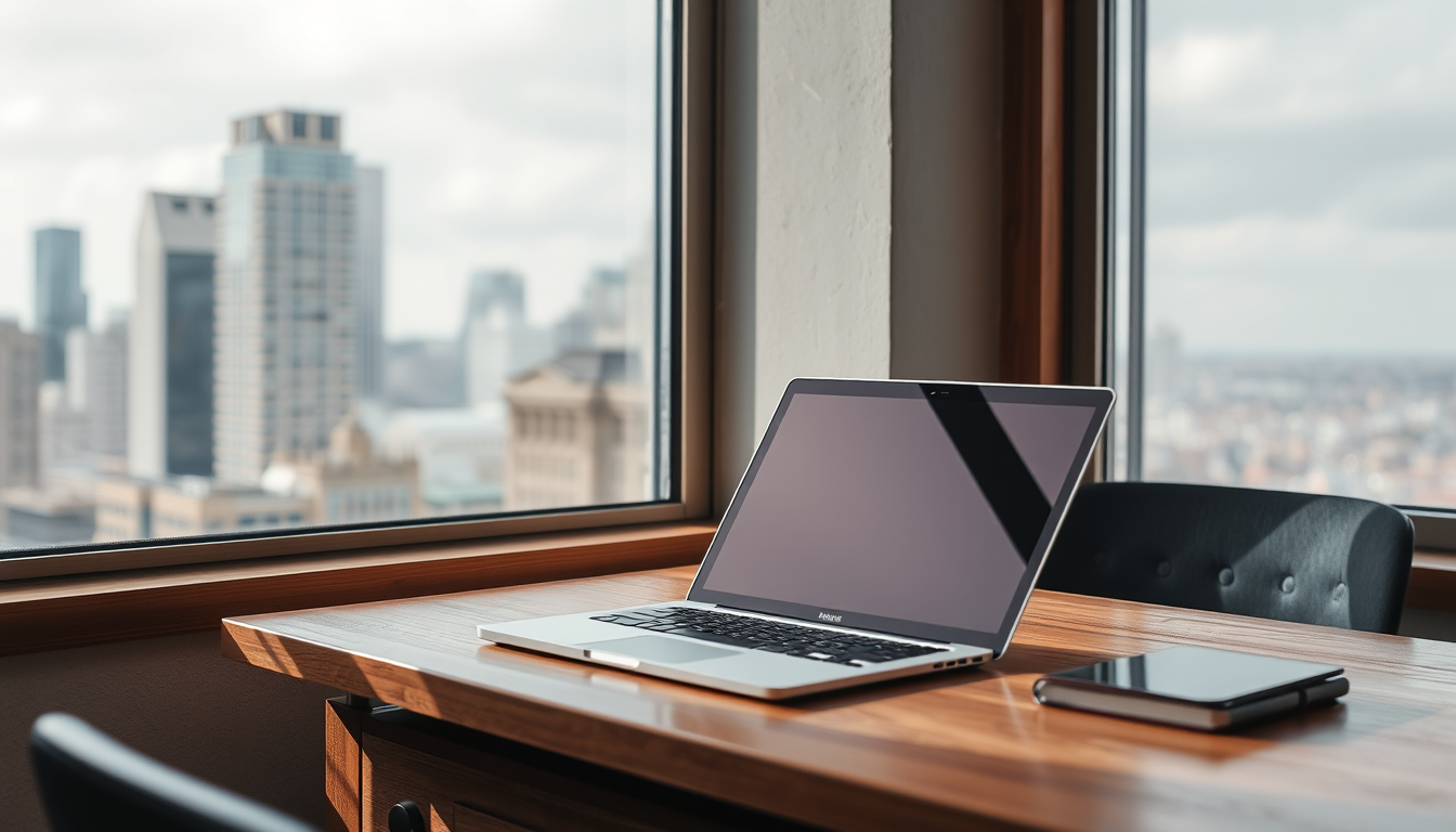 A laptop and smartphone on a wooden desk overlooking a city skyline.