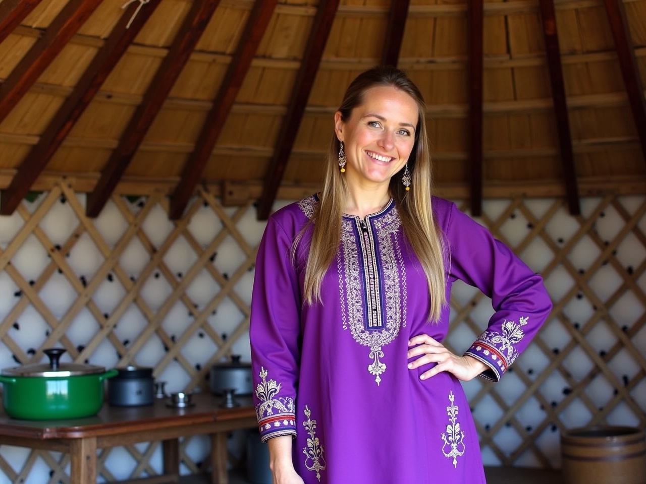 The image shows a woman standing inside a yurt. She is wearing a beautiful purple traditional outfit, which has intricate designs. The yurt's interior features wooden beams overhead and patterned walls. There are various household items visible, including pots and a green cooking pot. The woman is smiling and posing with her hand on her hip, creating a friendly atmosphere.