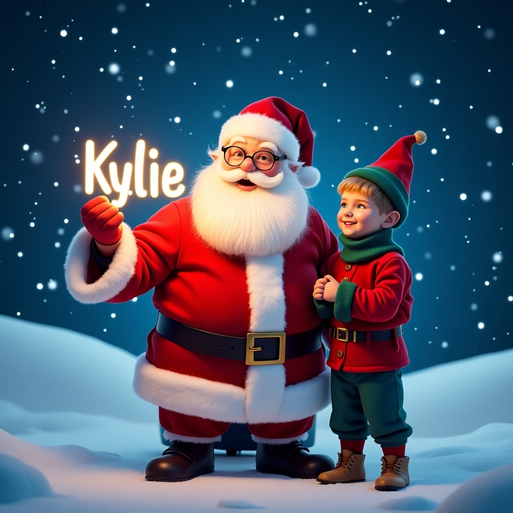 This enchanting image features Santa Claus in his classic red and white outfit standing with a cheerful boy elf. Santa holds a glowing stick illuminating the name 'Kylie', radiating festive cheer. Snowflakes gently fall in the background, adding to the magical atmosphere. The elf stands beside him, dressed in adorable green and red attire. This scene embodies the joy and warmth of the holiday season, inviting viewers to celebrate with wonder.