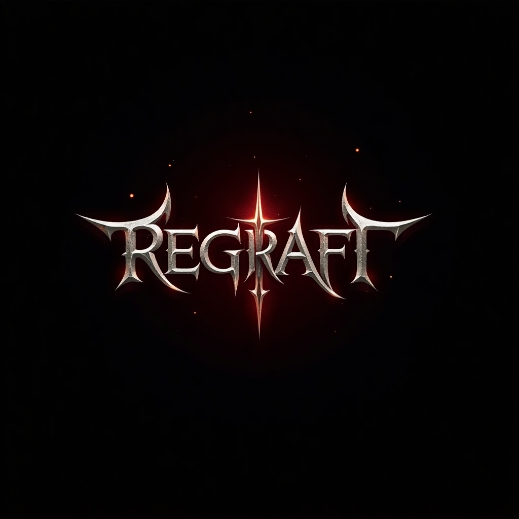 Dynamic logo design with the word 'Regraft' in gothic-style font. Background features a gradient from black to deep red. Surrounding elements include abstract shapes and glowing accents. Design is professional and artistic.