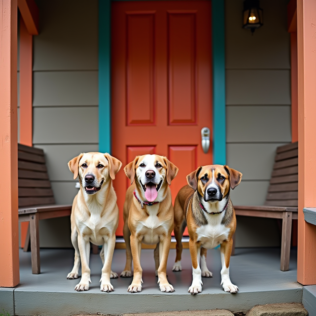 Three dogs are sitting together on a porch with a colorful orange door and teal trim behind them, each with distinct markings and expressions.