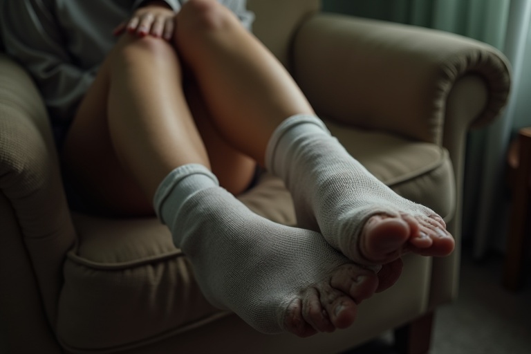 Female feet resting on a chair. Socks appear dirty and sweaty. The feet are bare with worn-out socks. Soft lighting illuminates the scene. The setting is relaxed and casual. Feet are the central focus, placed comfortably. The background suggests a cozy home environment.