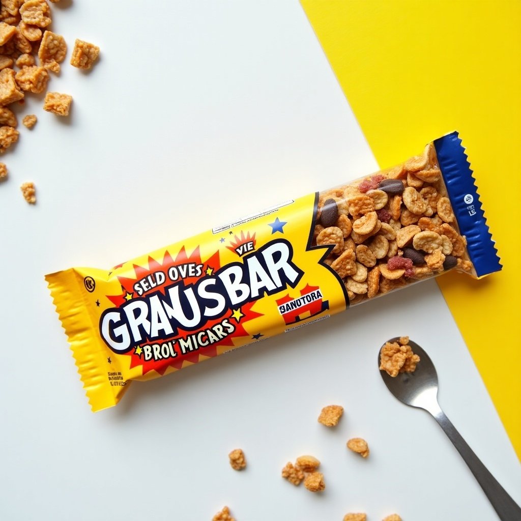 The image showcases a granola bar package featuring vibrant superhero elements. The package is predominantly yellow with bold blue and red accents. It is situated on a bright background, accompanied by scattered granola pieces. A spoon is placed nearby, adding to the context of enjoying the snack. The overall appearance is eye-catching, appealing to both children and adults looking for a tasty treat. This design emphasizes fun and active lifestyles through its colorful and playful presentation.