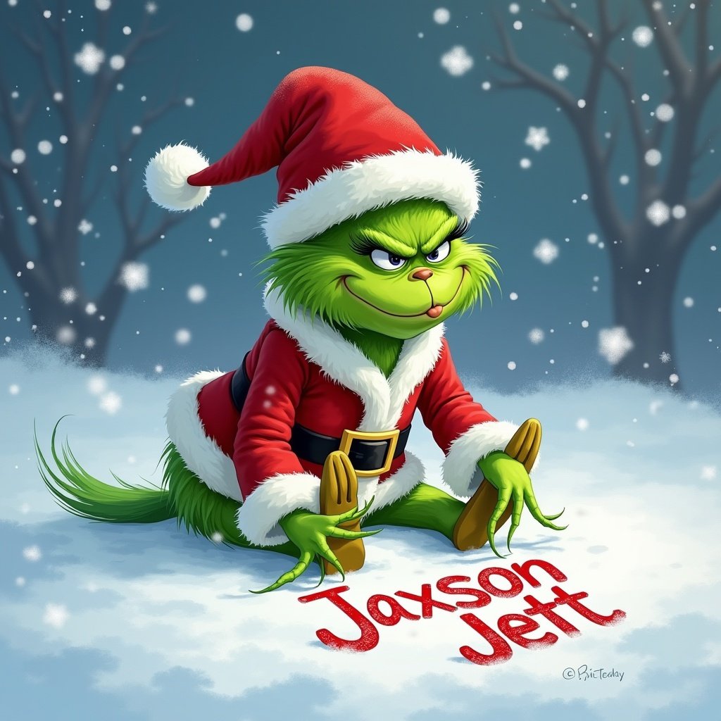 Image shows the Grinch in a Santa outfit. He sits in snow while writing Jaxson, Jace, and Jett in the snow. Snowflakes fall, creating a festive scene. His green fur contrasts with the red outfit.