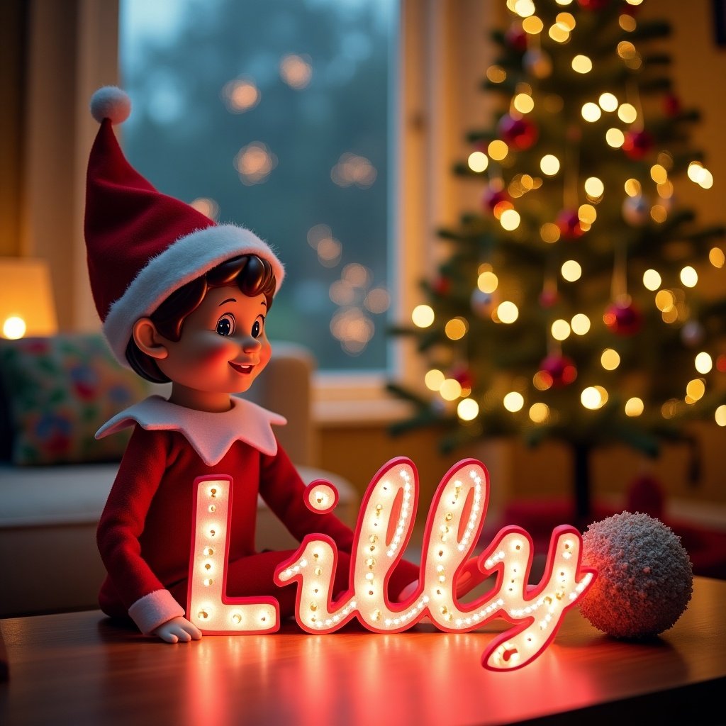 Elf in red and white outfit writing name 'Lilly' in colorful lights. Surrounding elf are holiday decorations and a Christmas tree. Warm inviting background evokes holiday cheer. Great for family celebrations and personalized gifts.