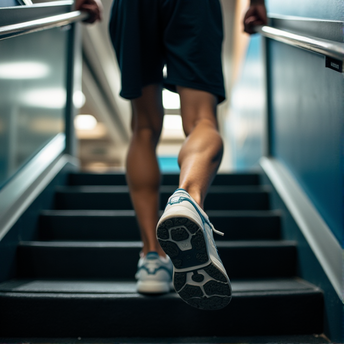 A person in casual sportswear is ascending a staircase, with focus on their shoes.