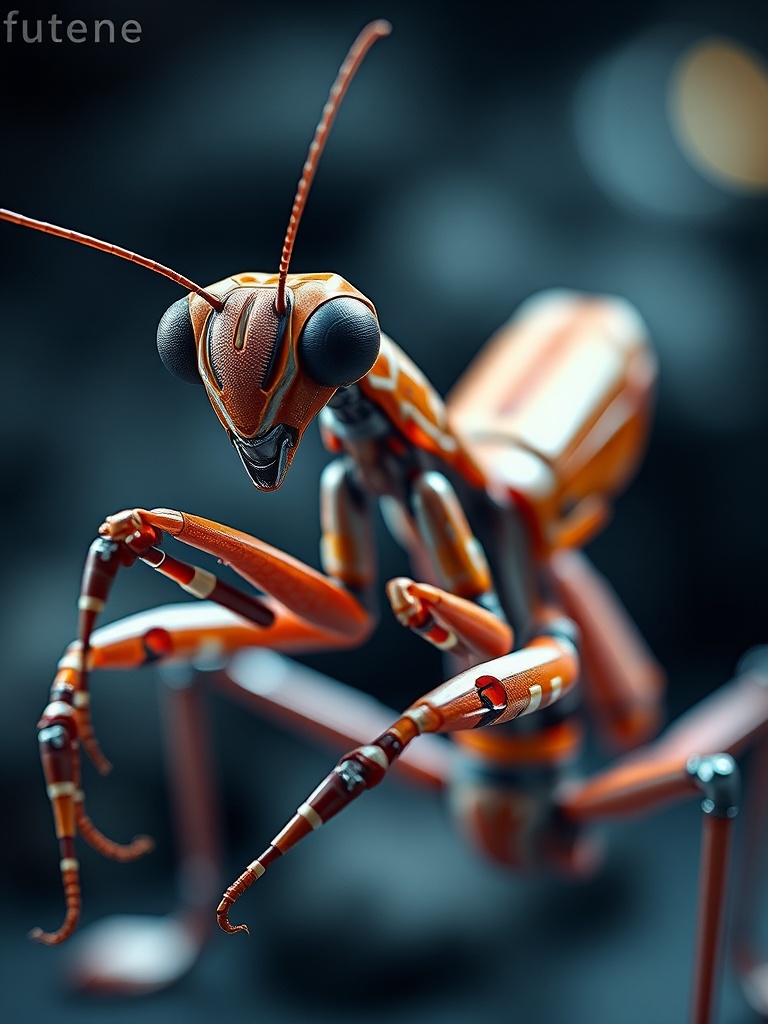 This image features a highly detailed and realistic 3D rendering of a mechanical ant. Its body structure is composed of metallic and robotic elements, resembling an intricate machine. The ant's body is predominantly orange with black accents, and the image is shot with a shallow depth of field, leaving the background blurred to emphasize the subject.