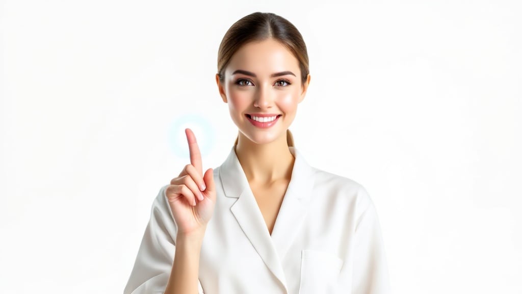 Image of a spa assistant smiling. Dressed in modern cream spa uniform. Holding her finger up as if to press an interactive button. Background is transparent white. High photographic cinematic quality in 4k resolution.