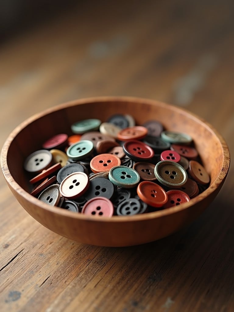 Wooden bowl contains an assortment of realistic colored sewing buttons. Buttons feature varying sizes and colors. Detailed view captures craftsmanship of buttons. Warm tones and natural wooden surface enhance visual appeal.