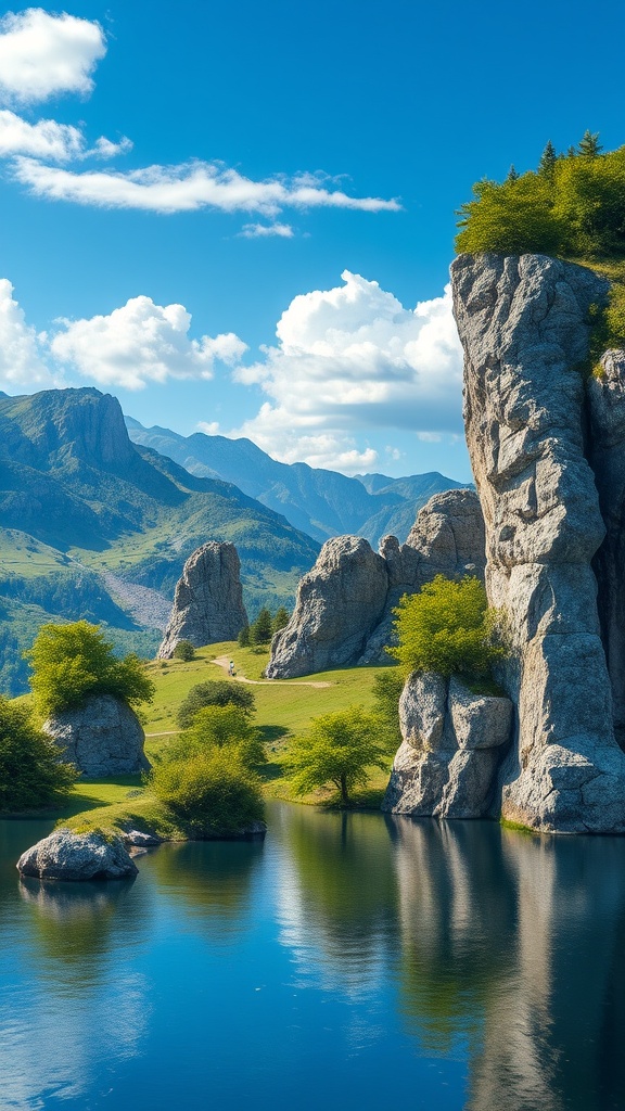 A serene landscape featuring towering cliffs and lush greenery reflected in a calm lake.