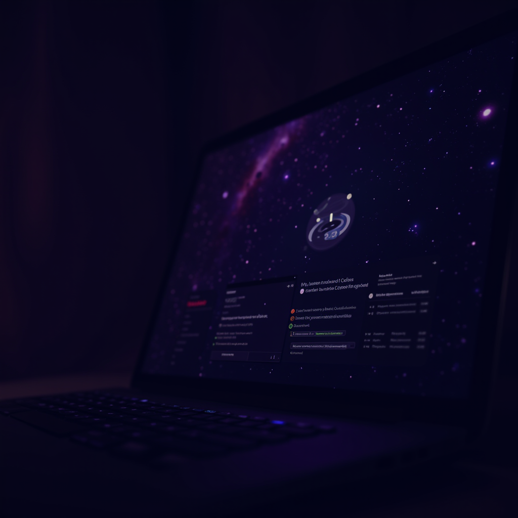 A laptop screen displaying a cosmic-themed user interface with a space background.