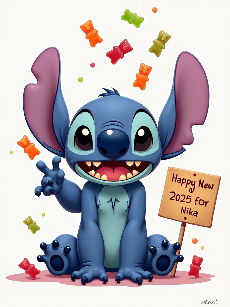 Cute blue alien character named Stitch with big ears. Stitch sits down with a wide smile showing teeth. Stitch throws gummy bears with one hand. Stitch holds a sign saying Happy New 2025 for Nika.