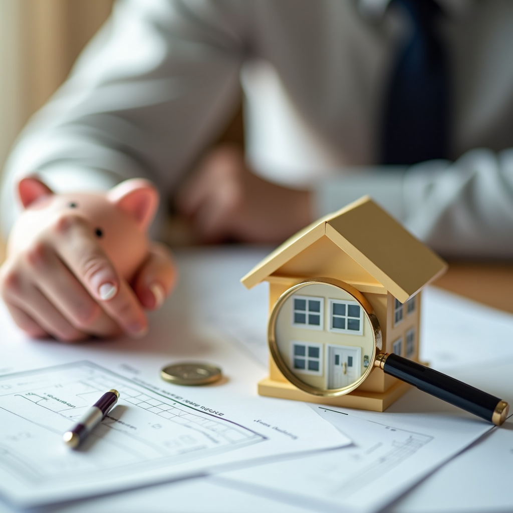 A desk with home investment documents, a model house, magnifying glass, and a piggy bank.