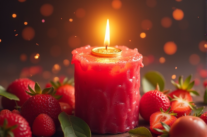 A glowing red candle surrounded by fresh strawberries with scattered leaves.