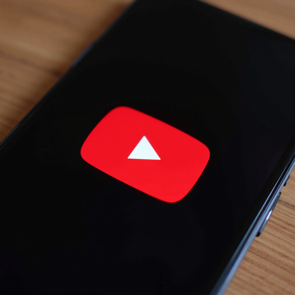 A smartphone displaying the YouTube app logo on its screen.