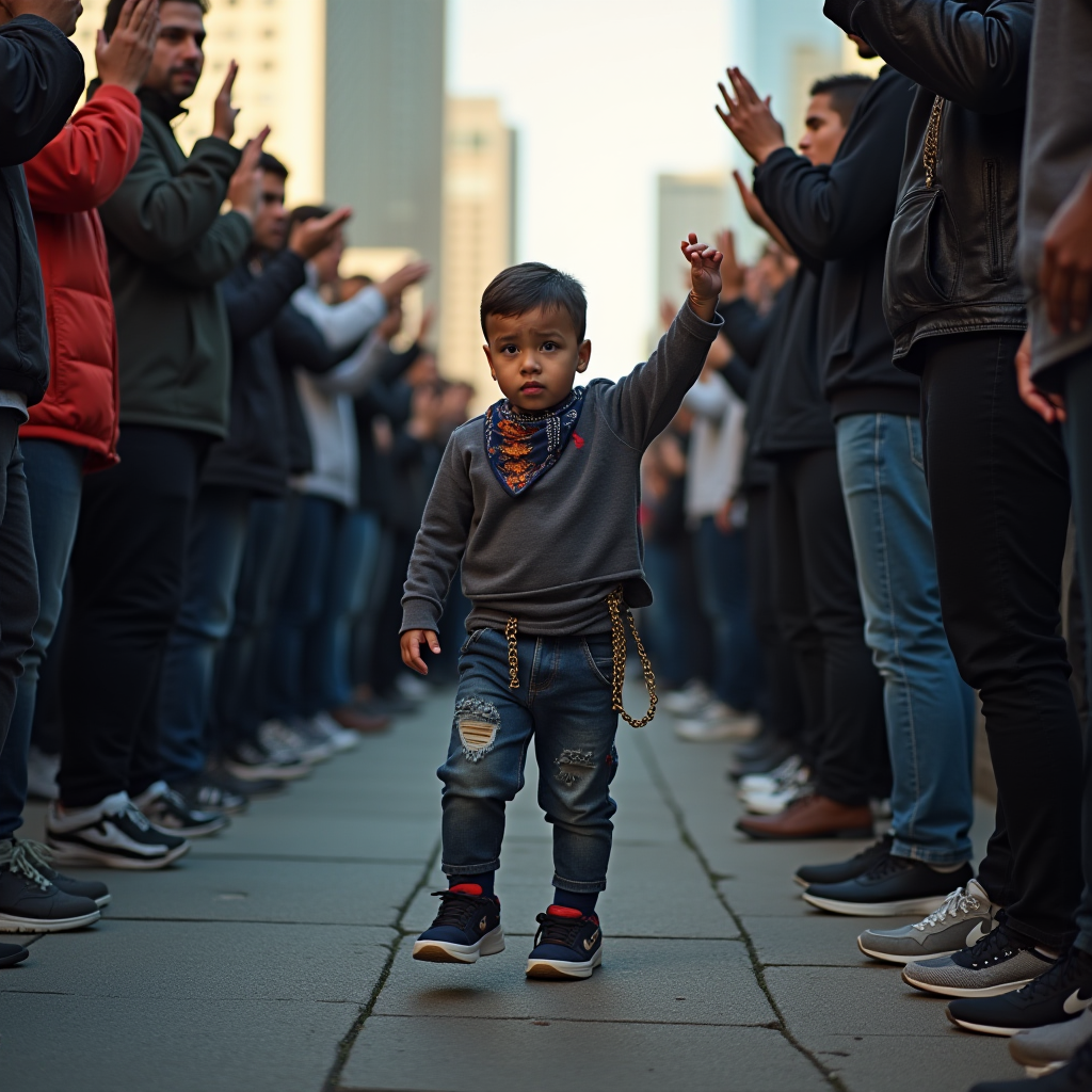 A young child confidently walks between two lines of people clapping and cheering in a city setting.