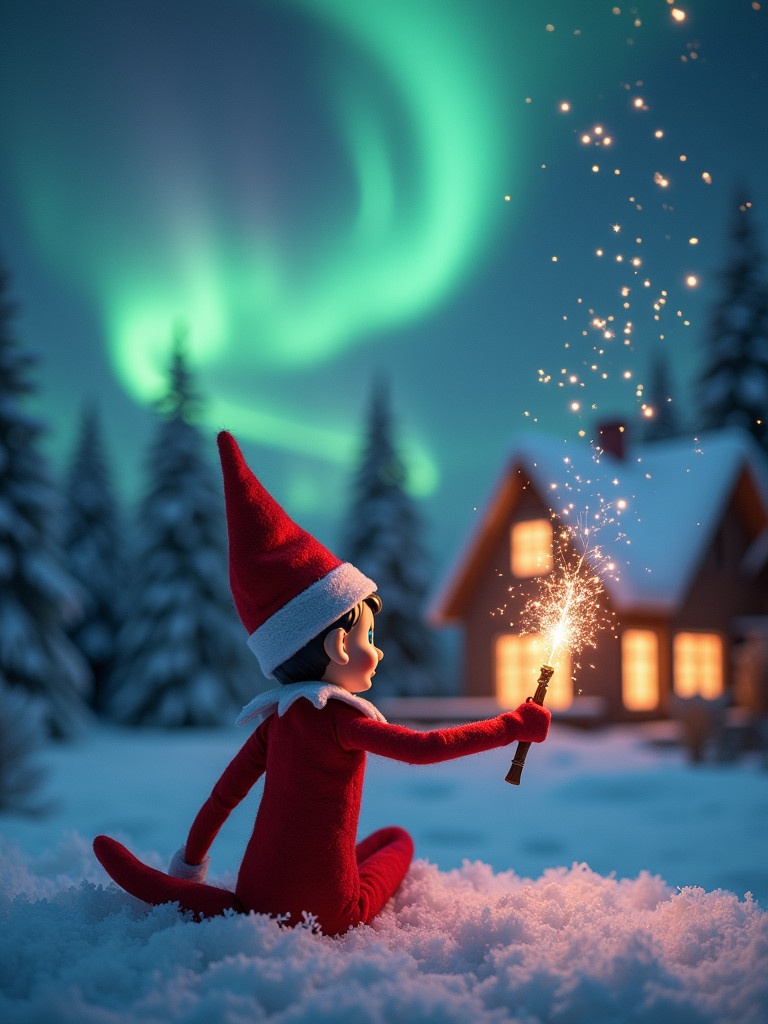 An elf is on the shelf sitting on snow. The elf gazes towards colorful northern lights in the sky. An enchanting scene with a cozy house in the distance is depicted. The elf holds a glowing wand creating magic. The name 'Merry Christmas Milan, Rodrigo, Angellee and Delilah' appears in the air from the wand.