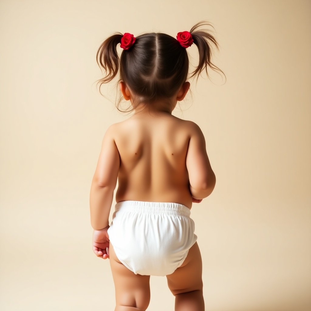 This image features a cute toddler with brown hair styled in playful ponytails. She wears a soft linen diaper and is viewed from the back. The background is a gentle light color, creating a warm atmosphere. The toddler has chubby limbs that radiate innocence. A vibrant red rose decorates her hair, adding a charming touch. The focus is on the sustainable white diaper, highlighting its eco-friendly appeal.