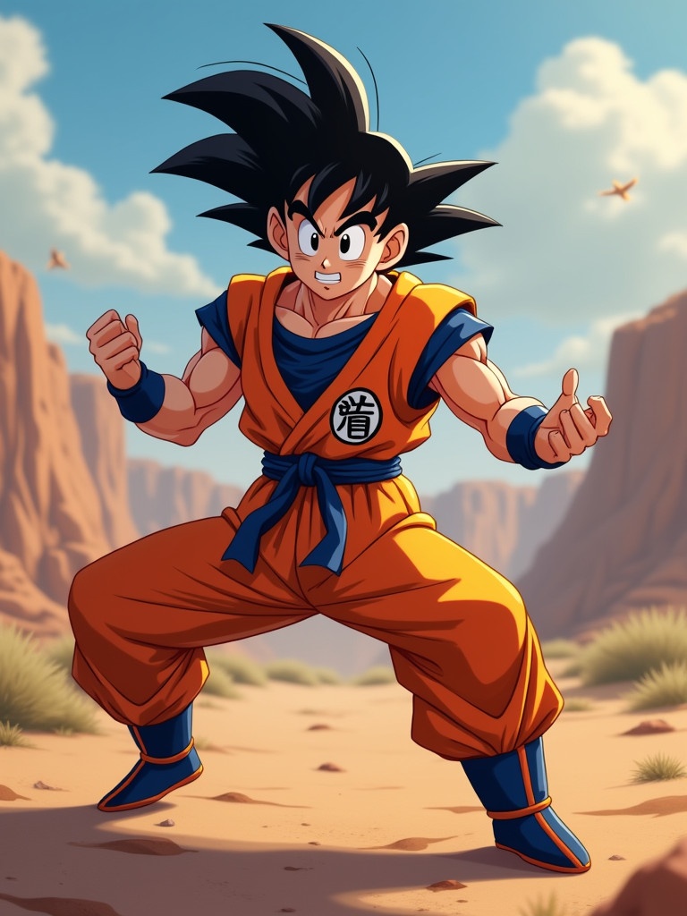 Goku is performing a viral dance in his training outfit. He stands firmly on a desert-like terrain. Background shows a scenic landscape.