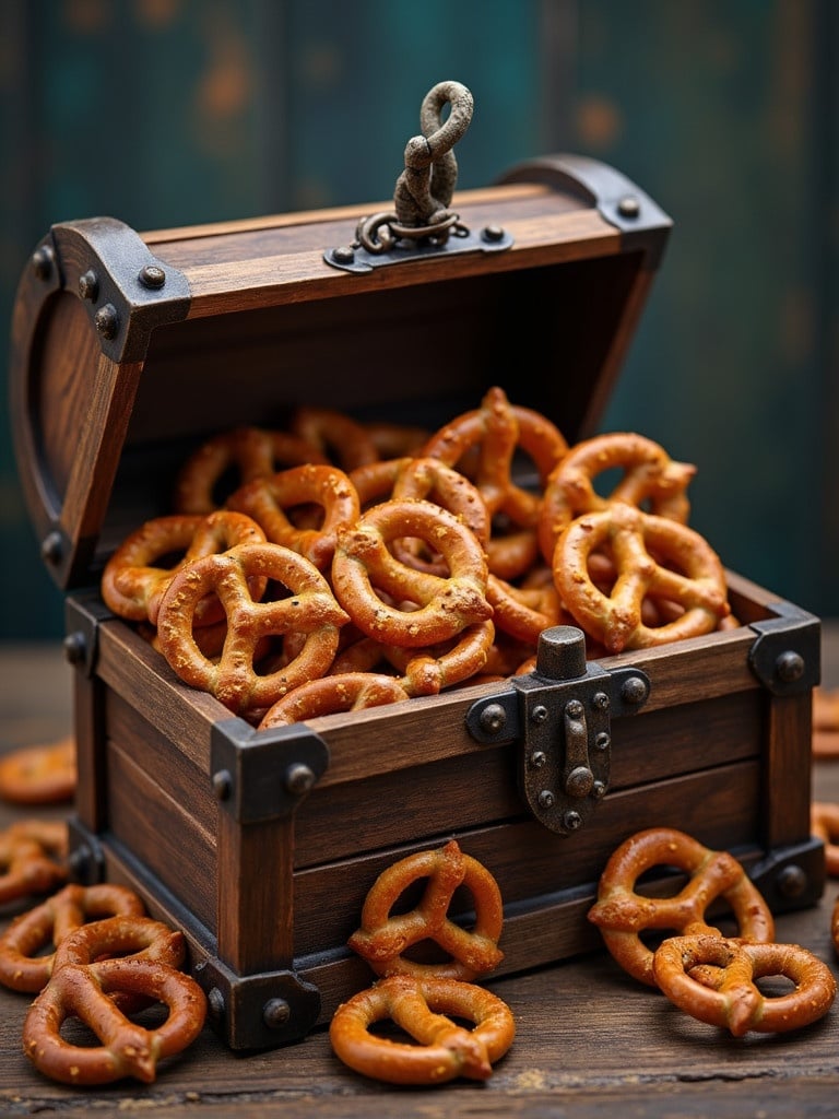 A wooden treasure chest filled with pretzels. Pretzels are scattered around the chest. The scene has a rustic and inviting feel.