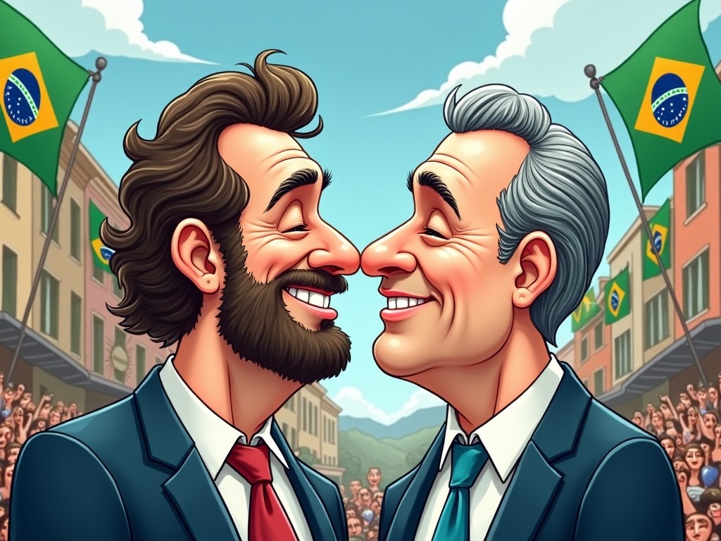 The image portrays a political cartoon featuring two caricatured politicians, Lula and Bolsonaro, delightfully sharing a kiss. Set against a backdrop of a lively crowd and Brazilian flags waving, the scene conveys a humorous and satirical take on their political rivalry. Both characters are dressed in formal suits, enhancing the contrast between their playful interaction and their usual serious demeanor. The atmosphere is bright and cheerful, suggesting a lively public event. This cartoon captures the essence of political commentary through humor.