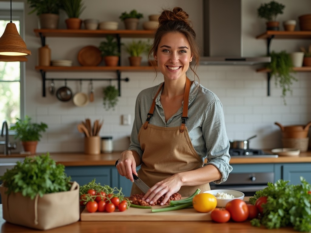 A young woman is smiling at the camera while preparing food in a modern kitchen. She is wearing a brown apron over a light blue shirt. Fresh vegetables are spread out on the wooden countertop. She is chopping tomatoes and has a cheerful expression. The kitchen has green plants and wooden shelves, creating a warm and inviting atmosphere. Natural light fills the space, giving it a cozy feel.