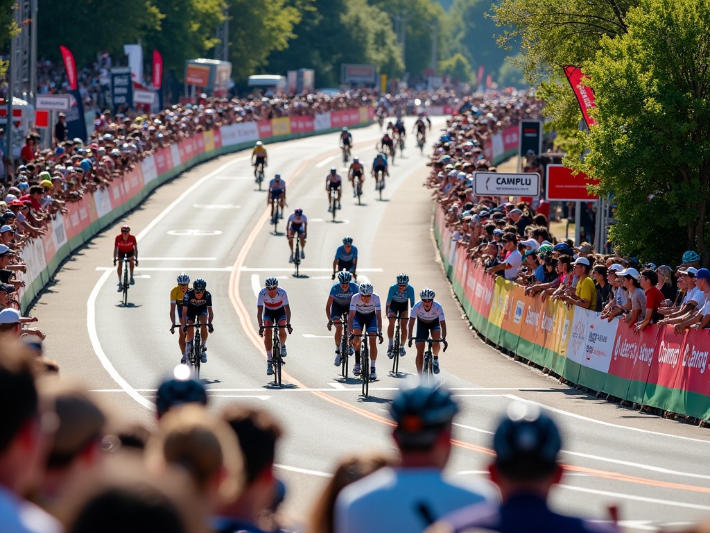 The image depicts a thrilling moment in a closed cycling championship circuit. Cyclists are speeding around a U-shaped curve, racing towards the finish line. The crowd is densely packed on either side, showing strong support with banners waving. Bright advertising banners line the track, adding color and excitement to the scene. The atmosphere is electric, underscored by the sunny weather perfect for a day of competitive cycling.