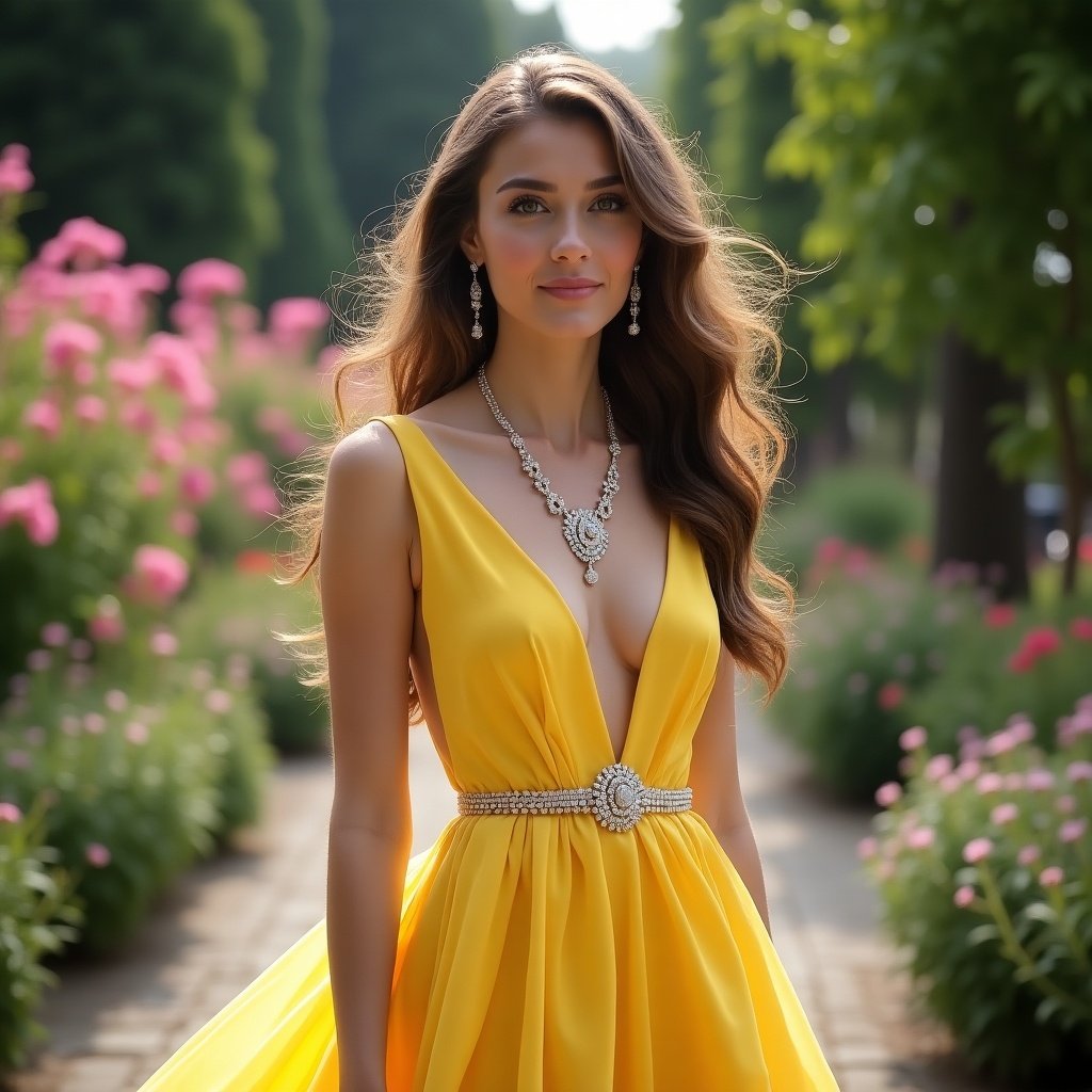 The image features a young woman, around 18 years old, wearing a stunning yellow gown. Her hair is open, flowing elegantly down her shoulders. A sparkling diamond necklace adorns her neck, adding glamour to her look. She stands in a beautiful garden setting with lush greenery and colorful flowers around her. The soft lighting enhances the overall beauty of the scene, making it an ideal portrait of youthful elegance.