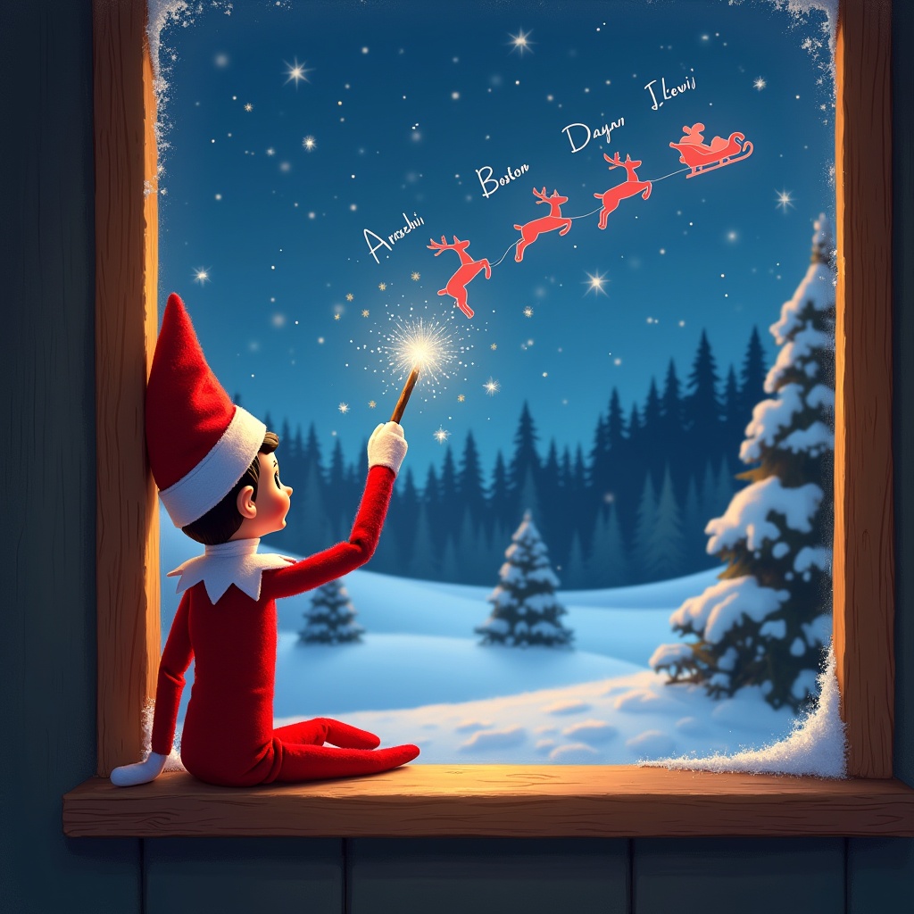 Enchanting scene of an Elf on the Shelf by a window. The elf creates sparkles with a wand. Names Aryah, Boston, Levii appear in the sky. Santa's silhouette in a sleigh with reindeer is visible. Warm window glow adds magic. Pine trees and starry sky in the background.