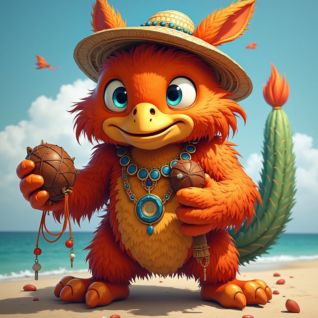 Flapacha is a cartoon creature with orange fur. It stands on a beach near the sea. The character wears a sun hat and holds decorative items. The background includes palm trees and a sunny sky.