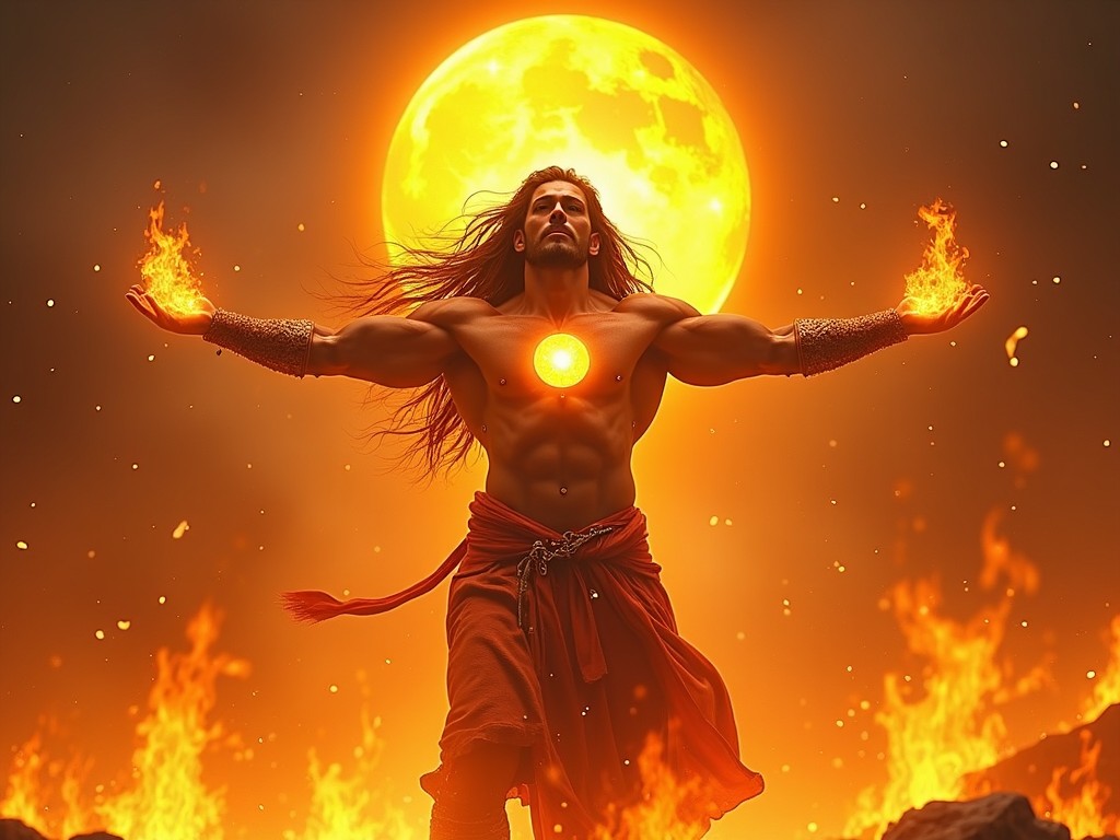 A muscular figure stands in a dramatic pose with arms outstretched, surrounded by flames. The figure has long hair blowing in a fiery wind. In the background, a massive sun illuminates the scene, creating a vibrant and intense atmosphere. The character's chest glows with a bright symbol that adds to the mystical effect. The overall composition conveys a sense of strength and power, embodying elemental fire and heroism.