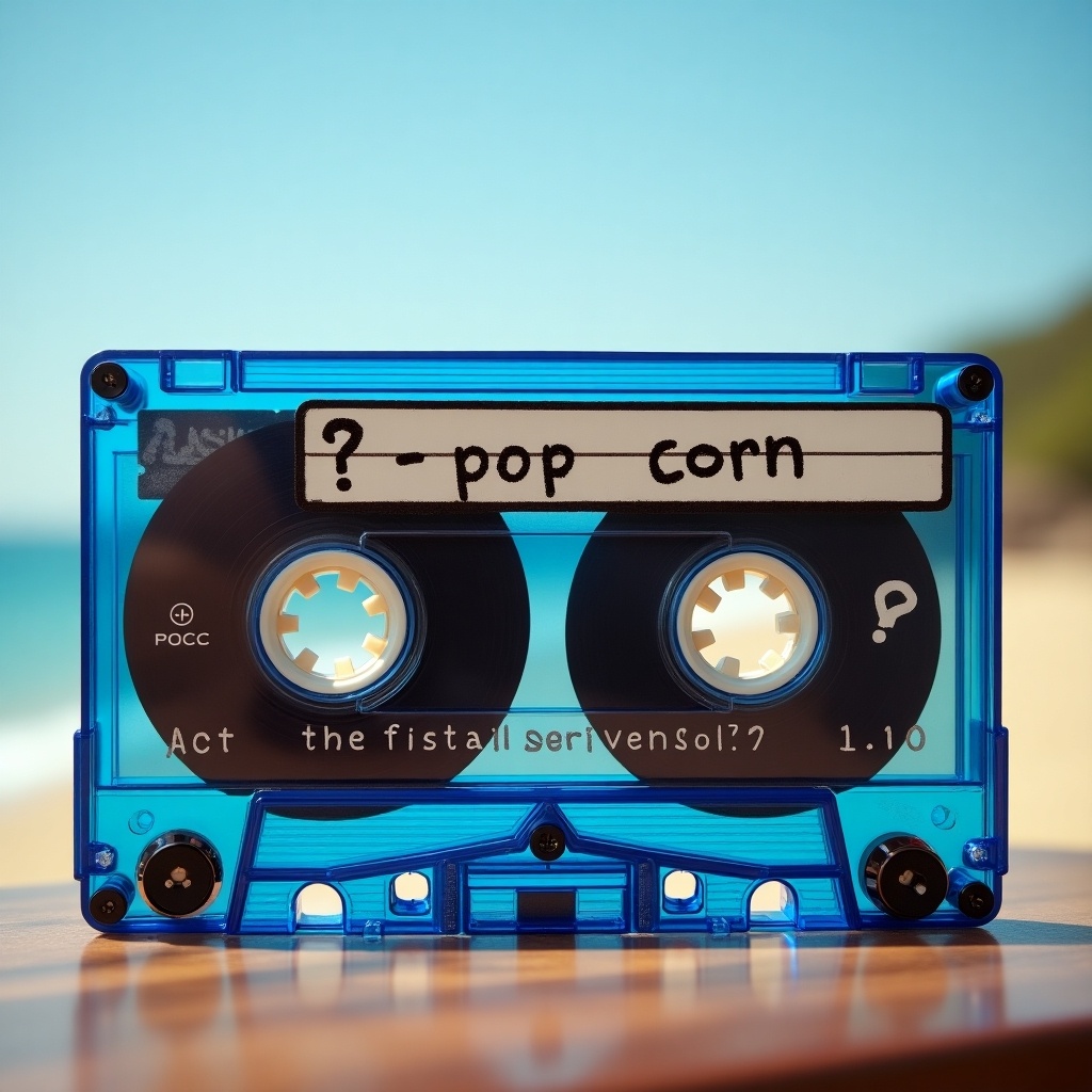 This image features a vibrant blue cassette tape with the words '? - pop corn' written on its label. The cassette is placed on a table, with a blurred beach background hinting at a scenic view. The artwork integrates a concept of infinity through its unique design. The sky is clear, adding to the serene atmosphere. This cassette, a nod to years of musical history, represents elements of rap culture. It stands tall, invincible, as a fine piece of art. The overall aesthetic is stylish and trending, appealing to collectors and fans of vintage memorabilia.