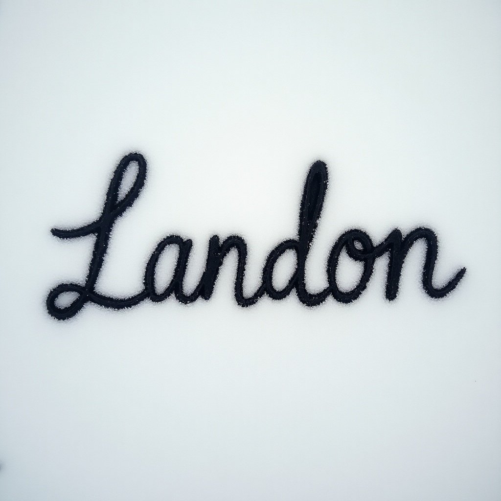 Name Landon written in black on snow surface. Clear and artistic representation.