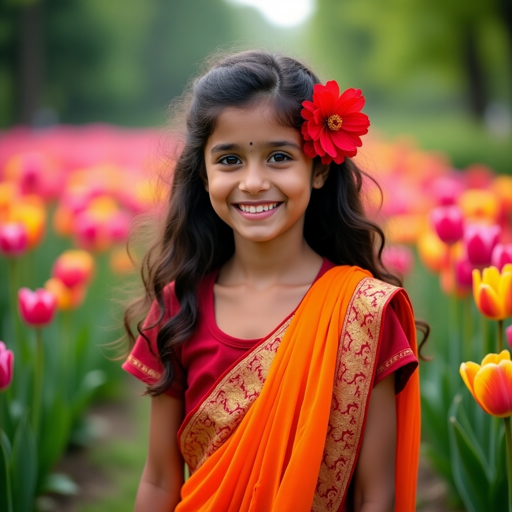 The image showcases a young girl from India, appearing around 15 years old. She is adorned in a vibrant traditional outfit primarily featuring bright orange and deep red colors. Her joyful smile radiates innocence and cheerfulness, complemented by loose waves in her hair and a bright red flower. She stands amidst a stunning garden filled with blooming tulips in various colors. The lush greenery behind her enhances the picturesque backdrop, embodying the essence of celebration and cultural heritage in India. This captivating scene is perfect for highlighting festive occasions and traditional attire.