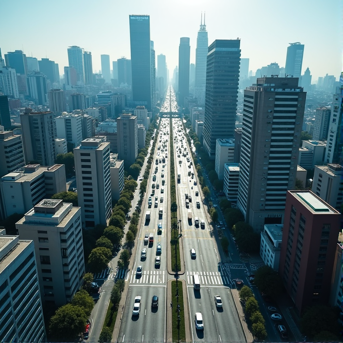 A bustling city street lined with tall skyscrapers and various buildings, displaying a vibrant urban scene with heavy traffic below and a hint of haze in the air.