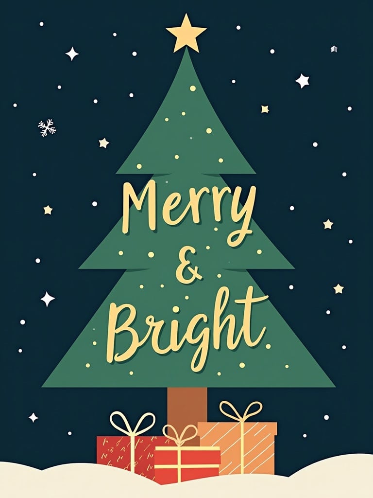 Modern design of a Christmas card featuring a geometric tree in shades of green. Gold star on top with the text 'Merry & Bright' in bold letters. Navy blue background has stars and snowflakes. Stack of wrapped presents at the base of the tree.