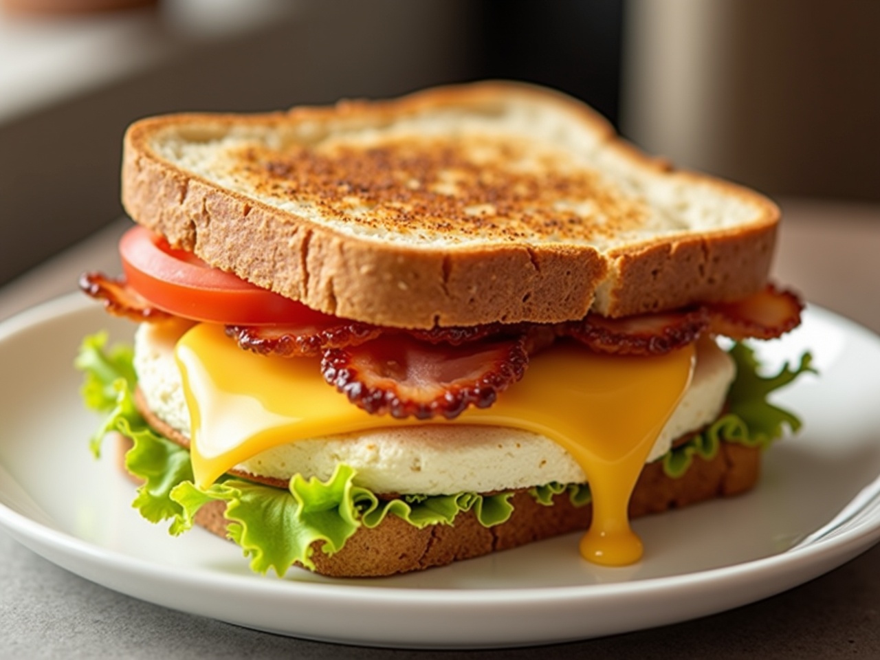 A close-up view of a delicious toast sandwich filled with egg, bacon, and cheese. The sandwich is garnished with fresh slices of tomato and crisp iceberg lettuce. It is served on a white plate, with the melted cheese dripping slightly. The bread is golden brown and toasted to perfection, with a soft interior. Soft natural light highlights its appetizing features and textures, creating a mouth-watering appearance.