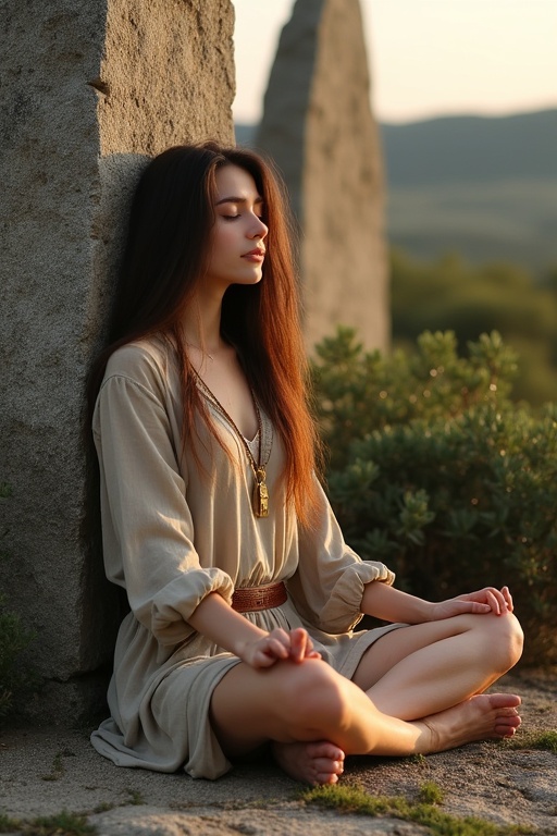 Young woman with long brown hair sitting cross-legged against a granite menhir. Natural-colored frock with leather belt. Golden medallion around neck. Meditating peacefully. Menhir towers above. Evening light creates serene atmosphere. Dense shrubs surrounding menhir. Stony ground with sparse wild herbs.