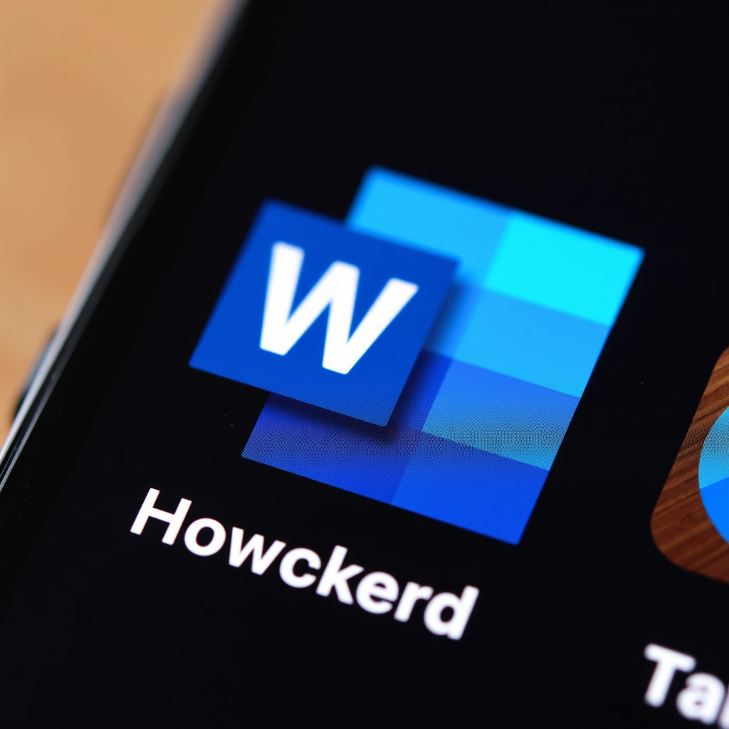 A smartphone screen displays an app icon resembling Microsoft Word with a stylized 'W' in a blue square, labeled 'Howckerd.'