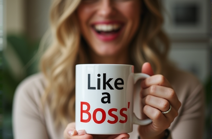 A smiling person holds a mug with the words 'Like a Boss' on it.