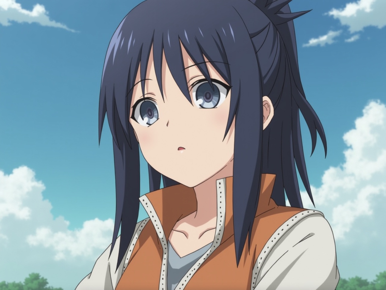 The image features a female character with long black hair styled in a ponytail. She has striking blue eyes and a contemplative expression. Dressed in an orange vest over a white blouse, she looks towards the viewer. The background showcases a beautiful blue sky with fluffy clouds, giving a serene atmosphere. This scene captures a moment of introspection, typical of character development in anime. The overall composition emphasizes her features and the brightly colored outdoor setting.