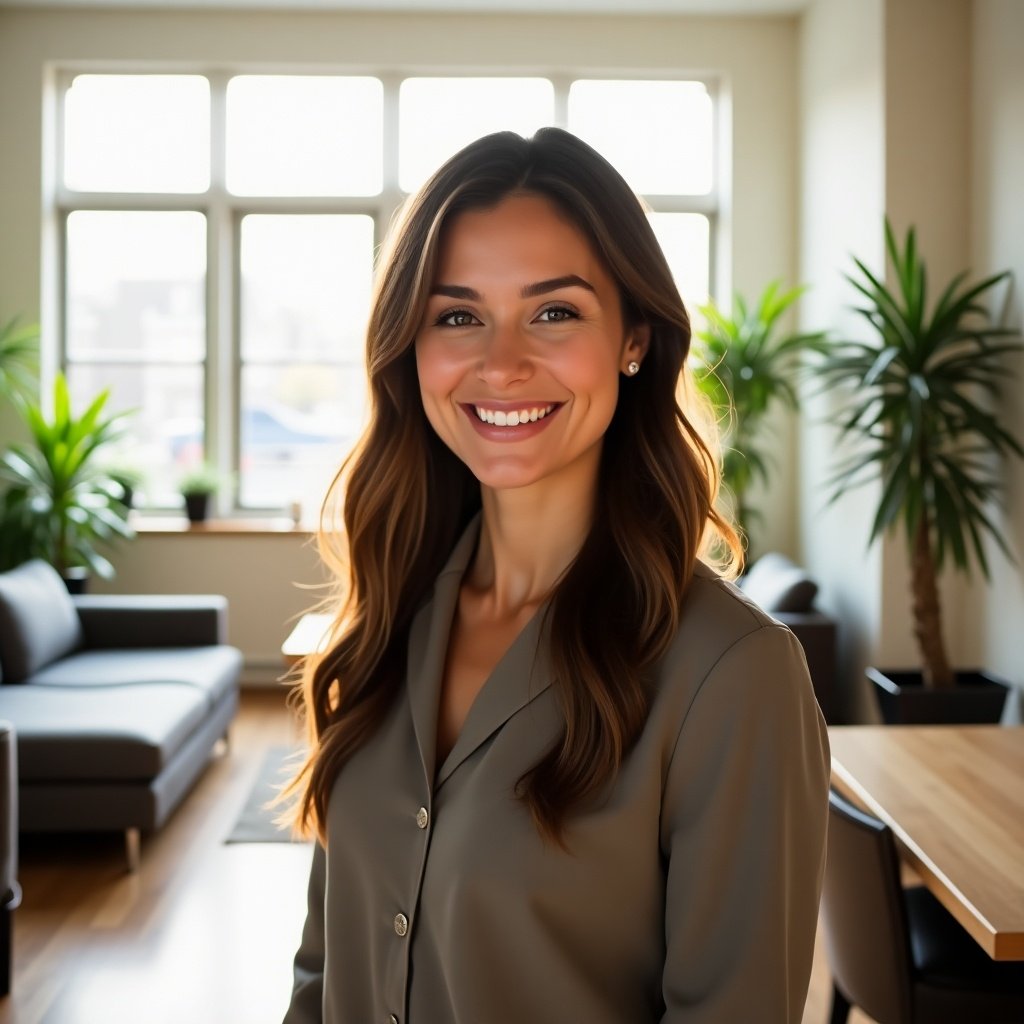 A woman stands in a beautifully decorated modern living room. Plants are positioned around to enhance the ambiance. Natural light fills the space giving it a warm feel. The woman wears a stylish outfit and looks at the camera.