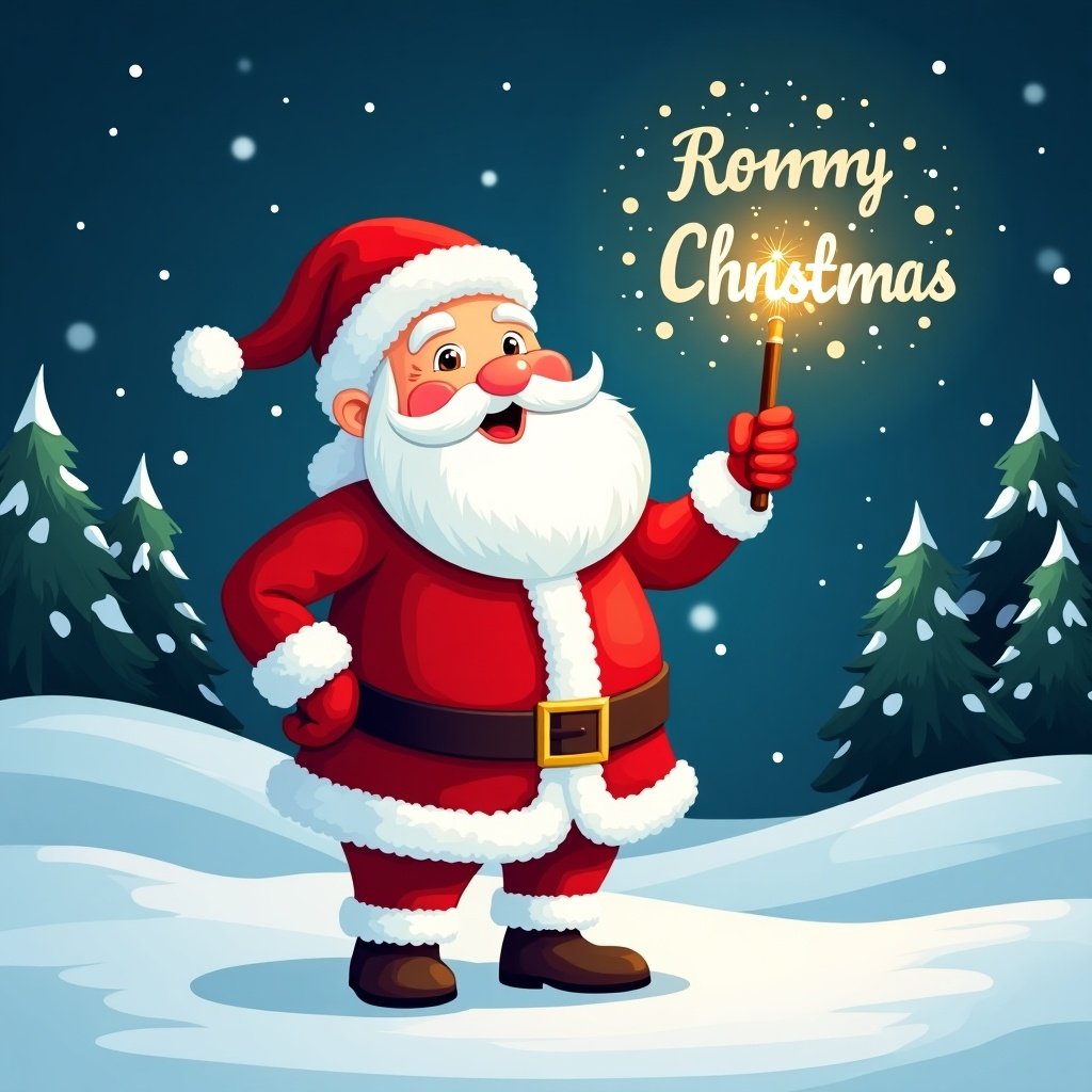 Vector-style cartoon Santa Claus in a snowy landscape. Santa holds a magical wand shining sparkles. He wears a classic red suit with white trim. His eyes twinkle with joy as he writes names in the sky. Snowy scene with evergreen trees in a starry night sky creates a festive magical atmosphere.