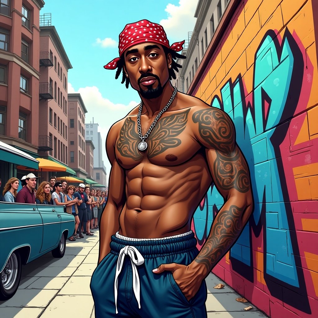 Cartoon depicting a muscular man with tattoos in an urban setting. Colorful graffiti in the background. Fans lined up in the street.