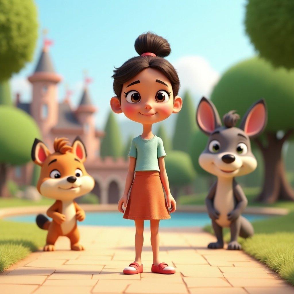 Stylized 3D model of a teenage female figure in a neutral pose. Delicate physique highlighted. Rendered in full Pixar animation style. Inviting and friendly appearance. Minimalist background emphasizes the figure. Three cute animated animals in vibrant fantasy landscape. Animals are smiling and dressed. Background features a whimsical castle and green trees. Bright, playful colors and expressions.