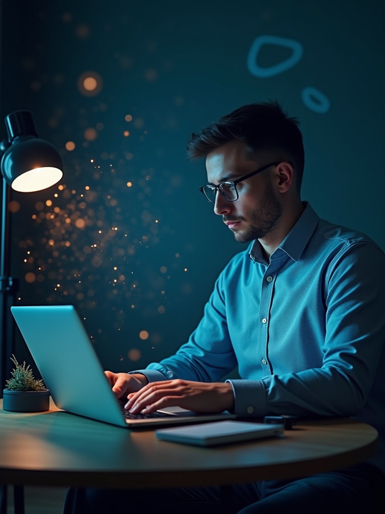 A man works focused on a laptop. A visual representation of artificial intelligence appears from the laptop screen. The scene is illuminated softly by a lamp. A calm and productive atmosphere is present.