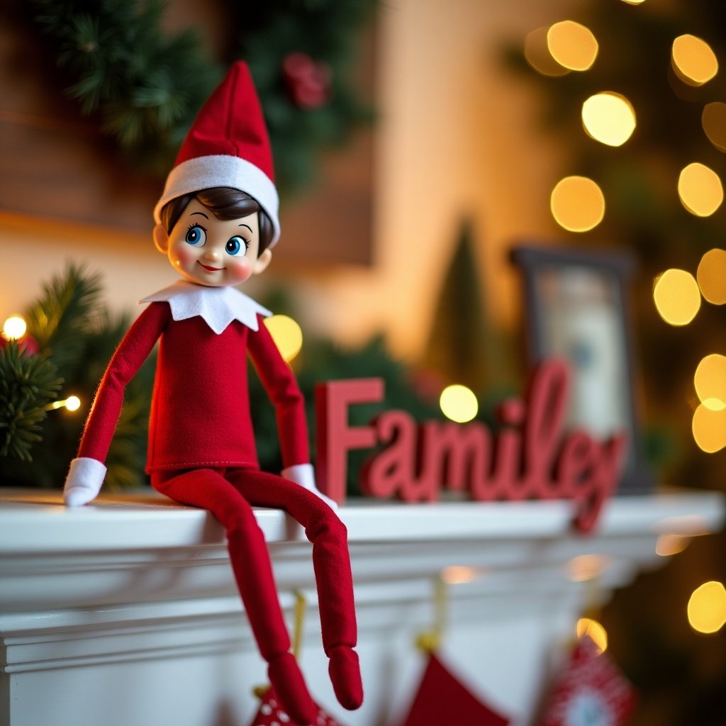 Christmas decoration scene with Elf on the Shelf doll sitting on a mantel. Brinley Family name displayed prominently nearby. Cozy festive atmosphere.