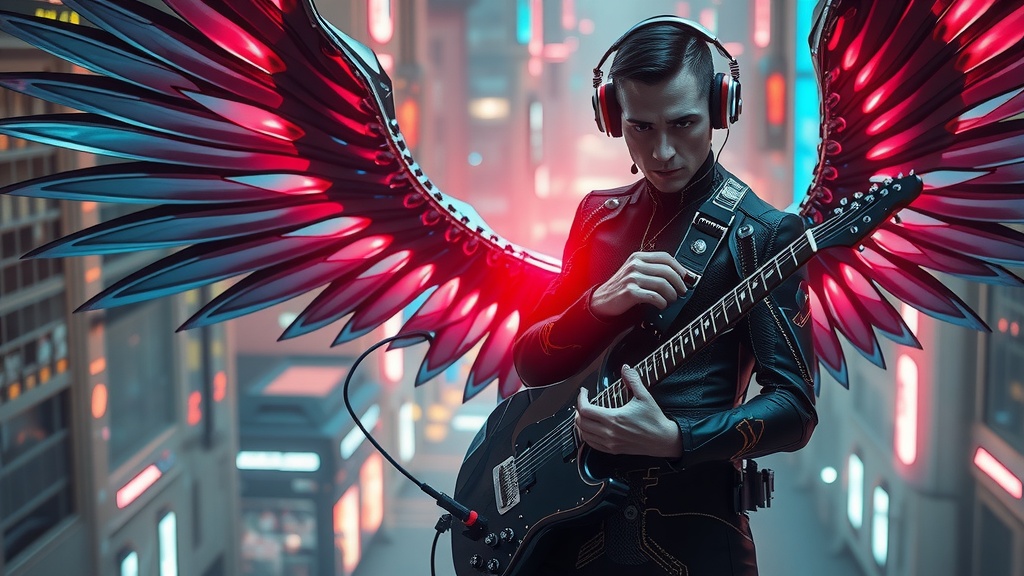 A futuristic figure stands with expansive, glowing red wings in a neon-lit cityscape. Clad in sleek black attire, they wield an electric guitar, exuding an aura of cool confidence and allure. The image merges cybernetic elements with artistic expression, creating a vibrant scene filled with energy and mystery.