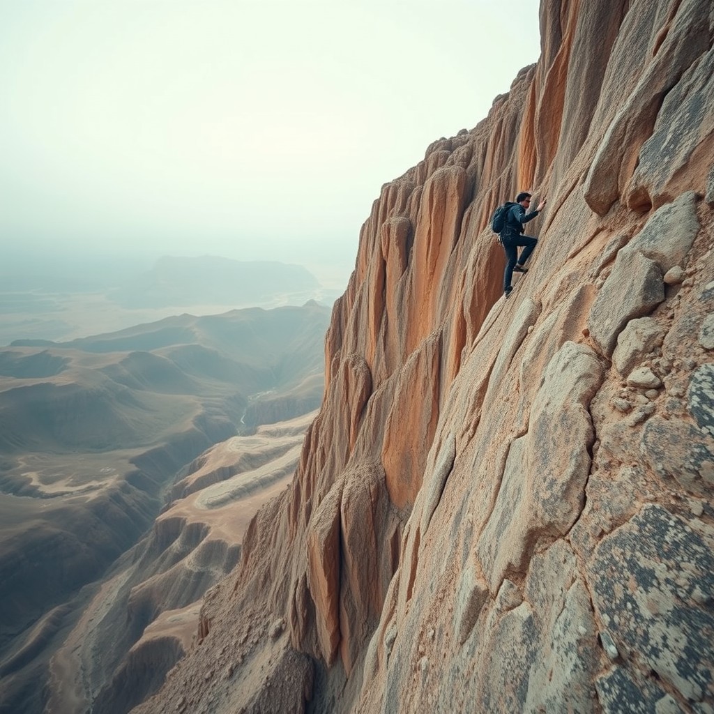 A climber ascends a steep, rugged mountain face with vast, barren landscapes stretching into the horizon.