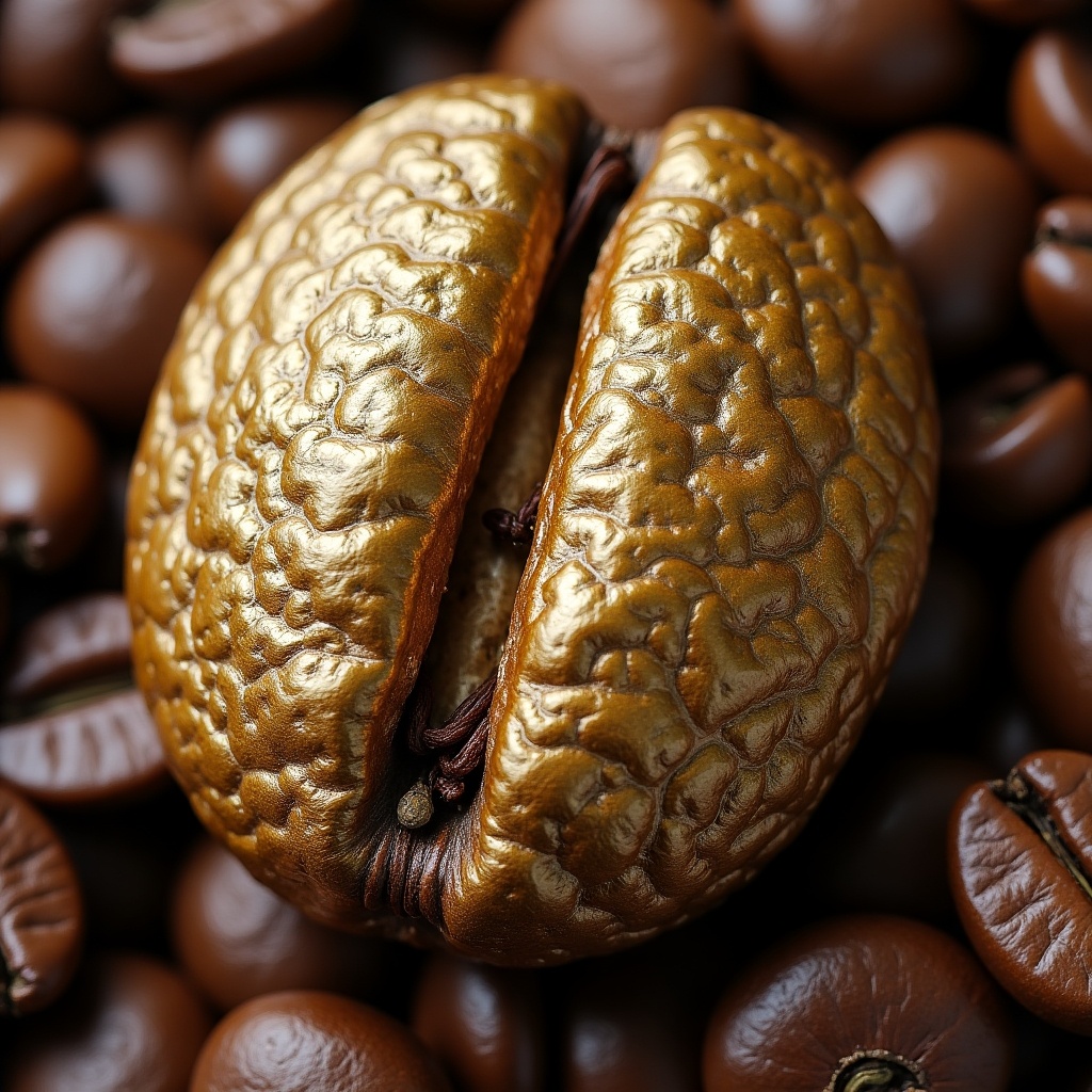 The image showcases a unique and artistic coin shaped like a coffee bean, crafted in a striking gold color. It sits among a collection of classic brown coffee beans, providing a contrast in texture and color. The lighting is soft, allowing the fine details of the coin to shine. This artwork combines the themes of coffee culture and cryptocurrency, making it perfect for branding or merchandise. The detailed design mimics the real textures of a coffee bean, emphasizing its uniqueness and value in a playful way.